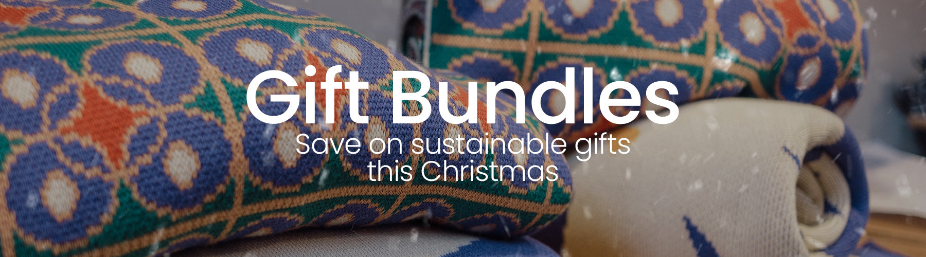 Gift bundles with colorful patterns and text promoting sustainable gifts for Christmas.