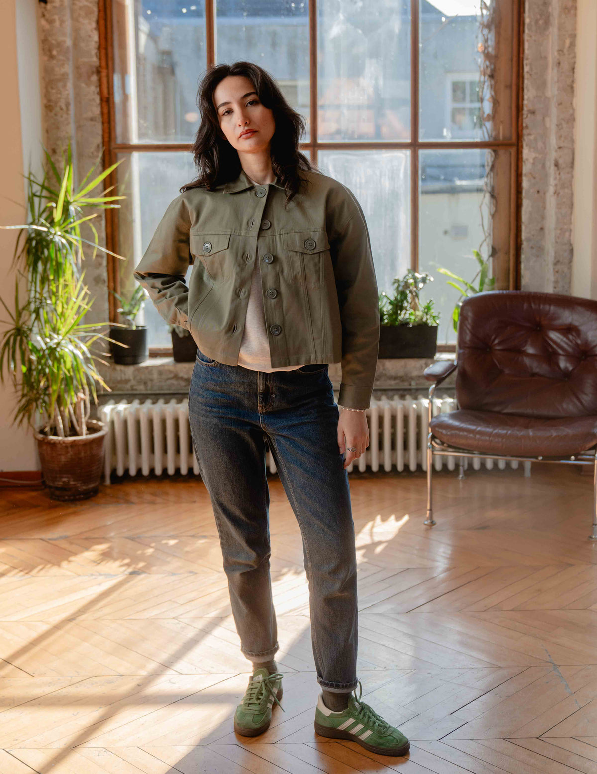 Womens Cotton Crop Jacket - Green
